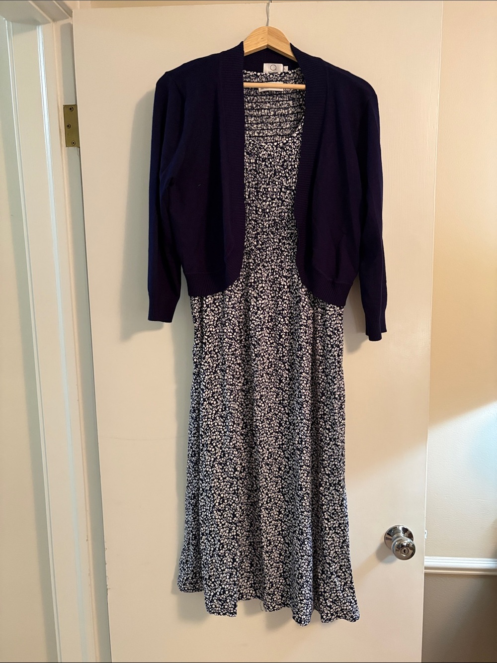 💙 Floral Maxi Dress with Navy Cardigan